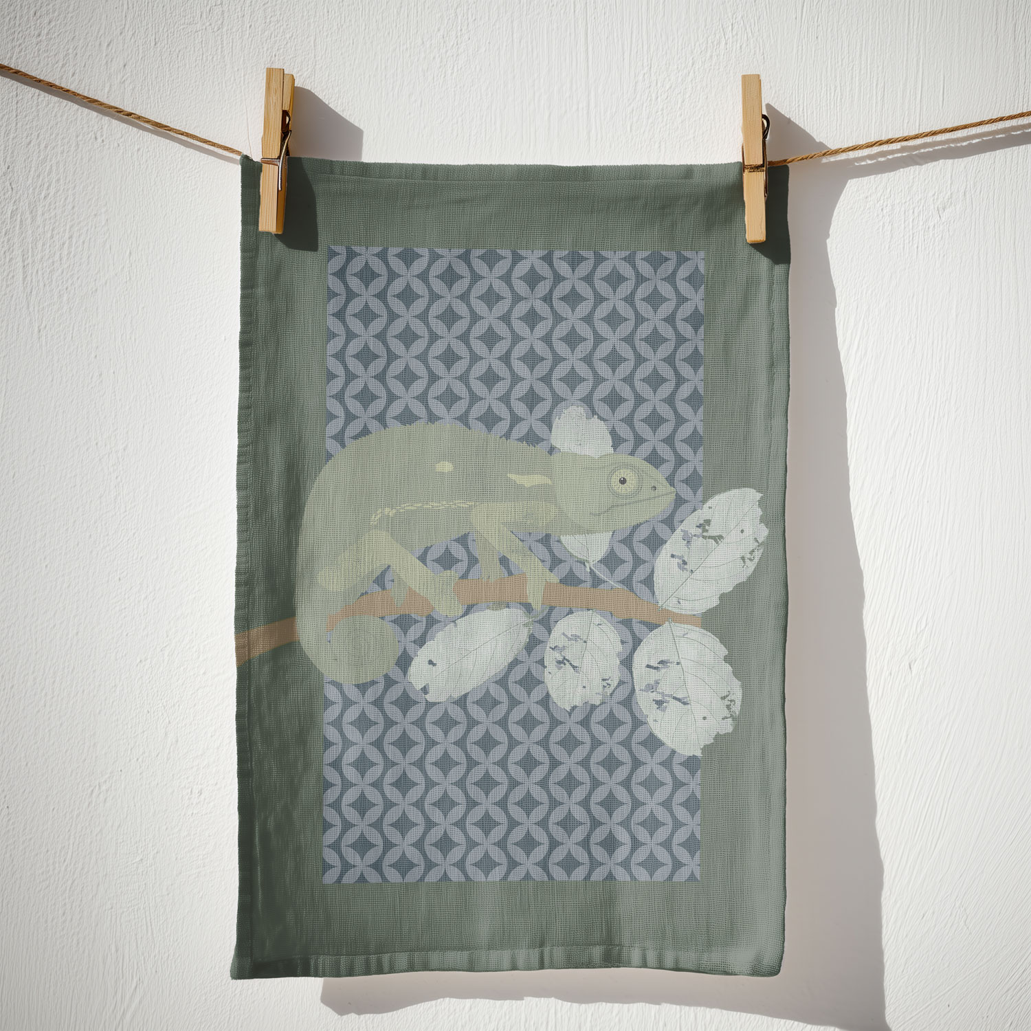 Chameleon on Appleleaf Tea Towel - Khaki green