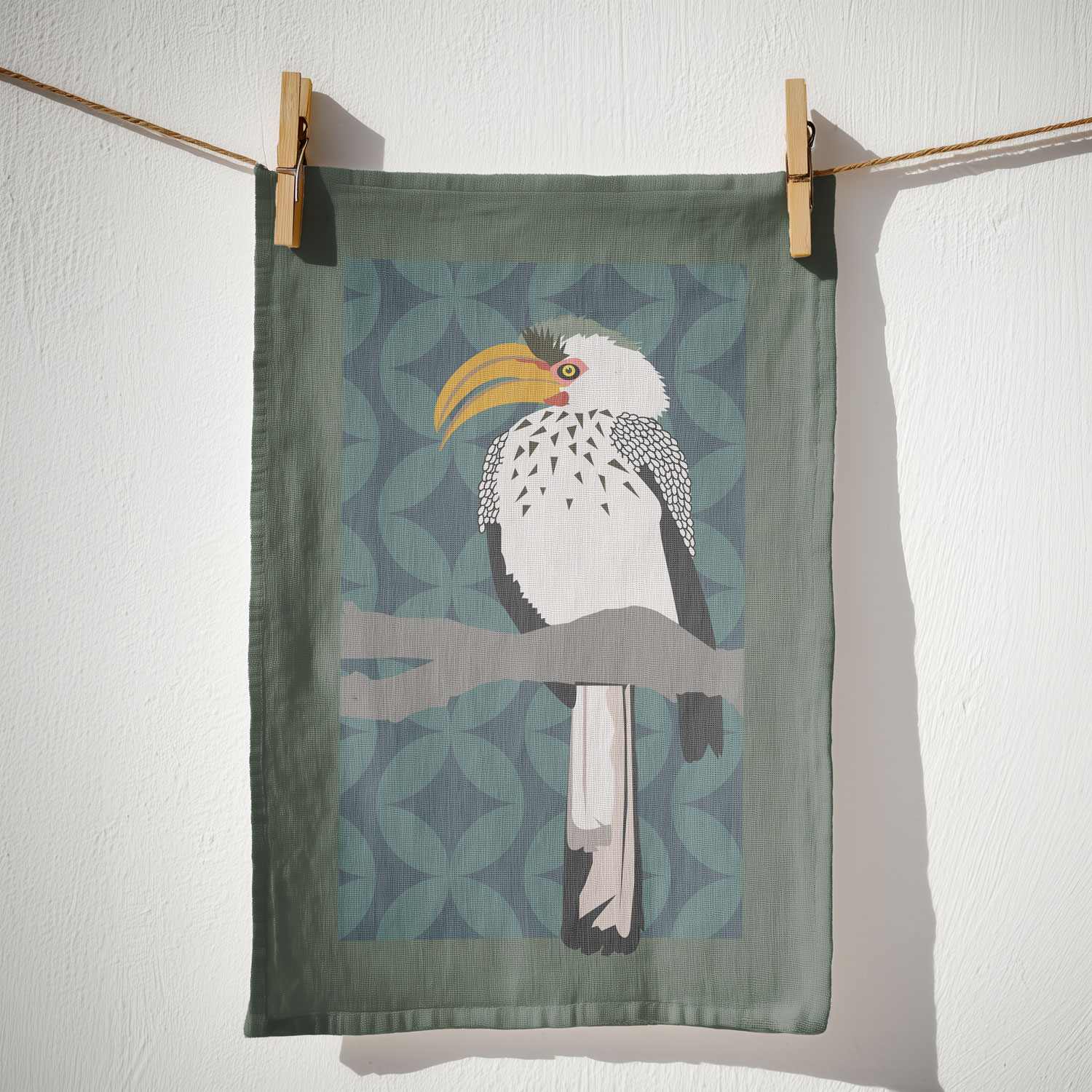 Southern Yellow-Billed Hornbill Tea Towel - Khaki green